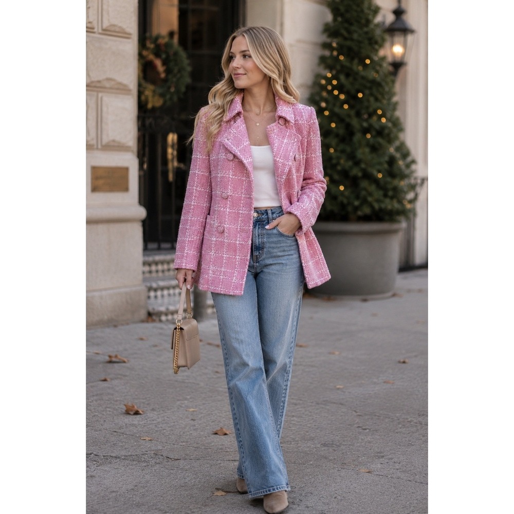 Zara Pink Tweed Double Breasted Coat Size S
